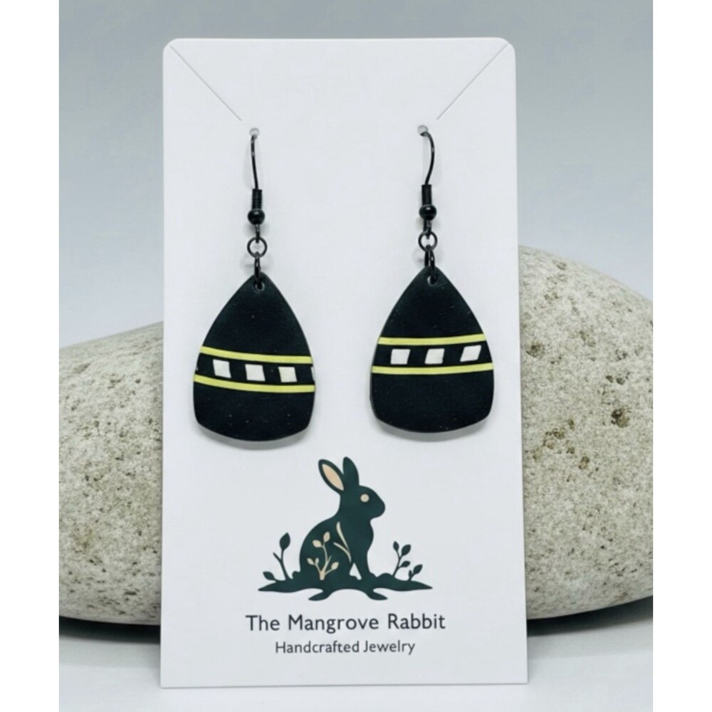 Black Yellow White Striped Handmade Polymer Clay Dangle Earrings SS Posts
